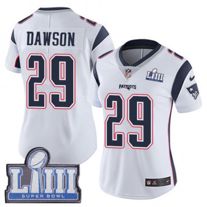 Women's New England Patriots #29 Duke Dawson White Nike NFL Road Vapor Untouchable Super Bowl LIII Bound Limited Jersey