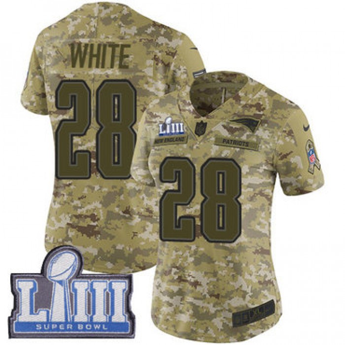 Women's New England Patriots #28 James White Camo Nike NFL 2018 Salute to Service Super Bowl LIII Bound Limited Jersey