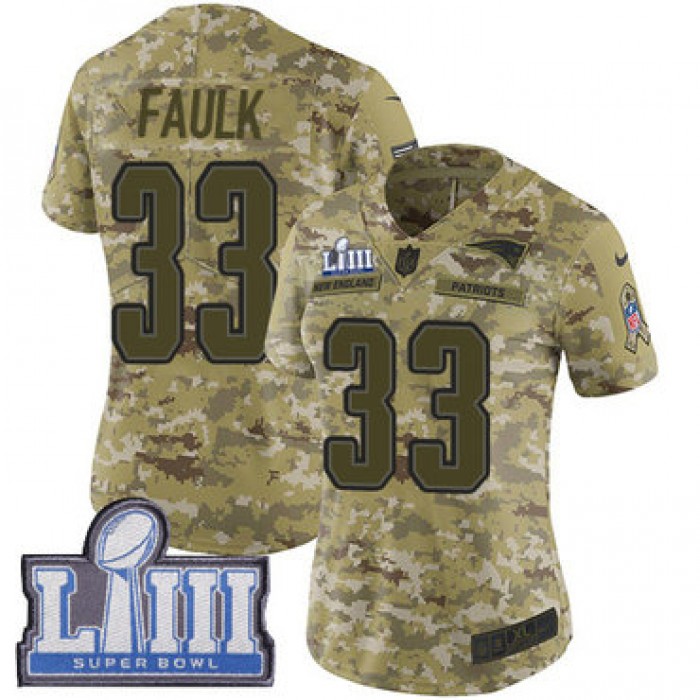#33 Limited Kevin Faulk Camo Nike NFL Women's Jersey New England Patriots 2018 Salute to Service Super Bowl LIII Bound