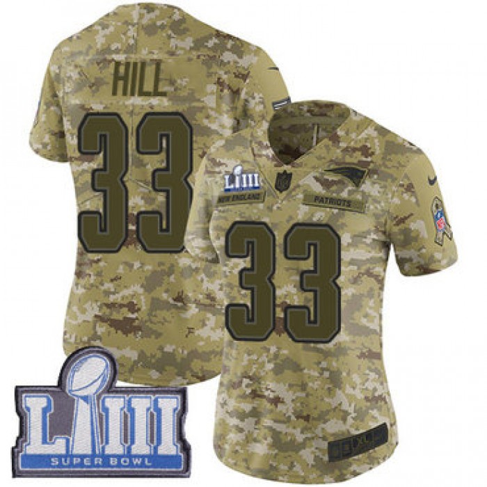 #33 Limited Jeremy Hill Camo Nike NFL Women's Jersey New England Patriots 2018 Salute to Service Super Bowl LIII Bound