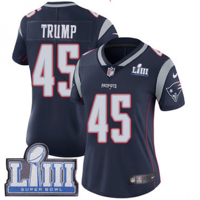 #45 Limited Donald Trump Navy Blue Nike NFL Home Women's Jersey New England Patriots Vapor Untouchable Super Bowl LIII Bound