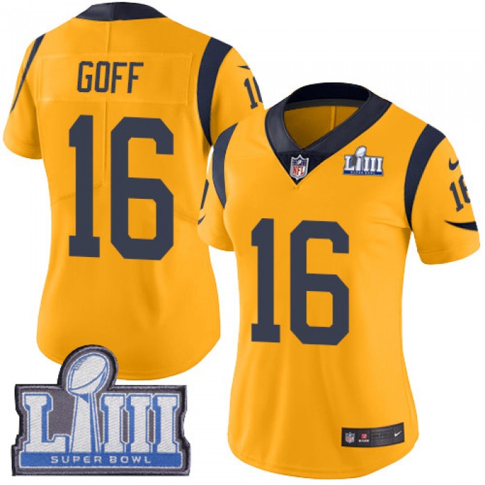 Women's Los Angeles Rams #16 Jared Goff Gold Nike NFL Rush Vapor Untouchable Super Bowl LIII Bound Limited Jersey