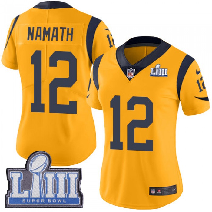 #12 Limited Joe Namath Gold Nike NFL Women's Jersey Los Angeles Rams Rush Vapor Untouchable Super Bowl LIII Bound