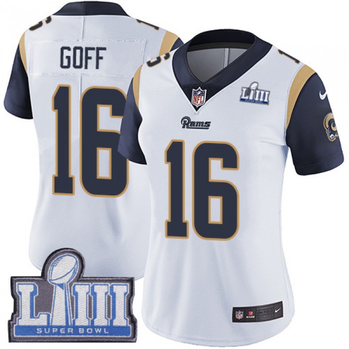 Women's Los Angeles Rams #16 Jared Goff White Nike NFL Road Vapor Untouchable Super Bowl LIII Bound Limited Jersey
