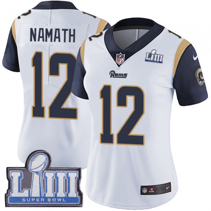 #12 Limited Joe Namath White Nike NFL Road Women's Jersey Los Angeles Rams Vapor Untouchable Super Bowl LIII Bound