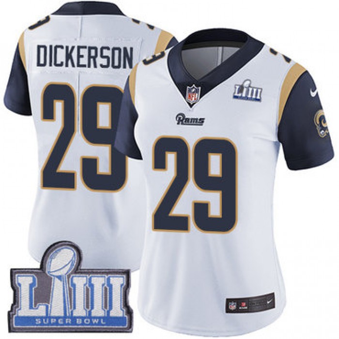 #29 Limited Eric Dickerson White Nike NFL Road Women's Jersey Los Angeles Rams Vapor Untouchable Super Bowl LIII Bound
