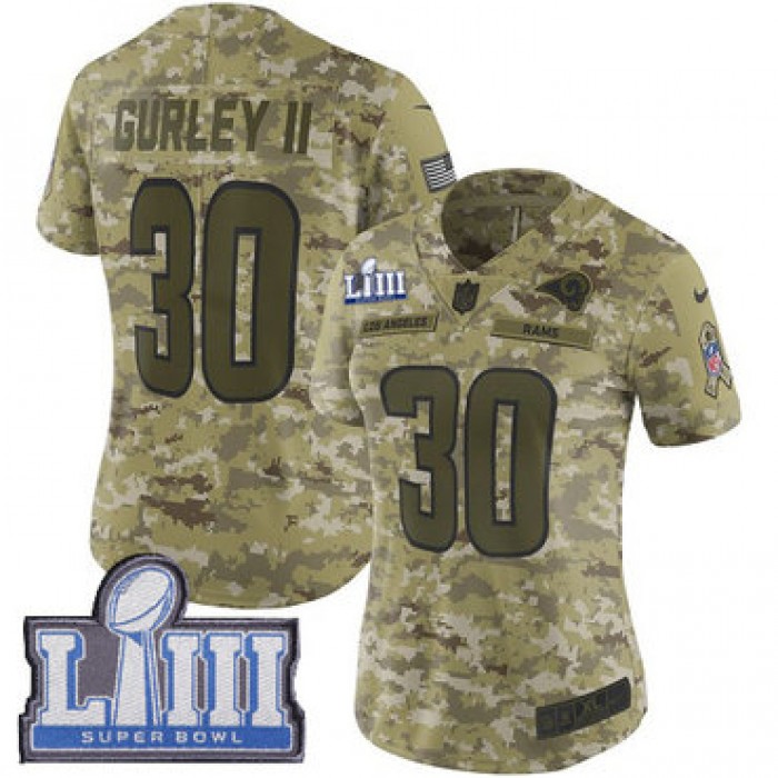 #30 Limited Todd Gurley Camo Nike NFL Women's Jersey Los Angeles Rams 2018 Salute to Service Super Bowl LIII Bound
