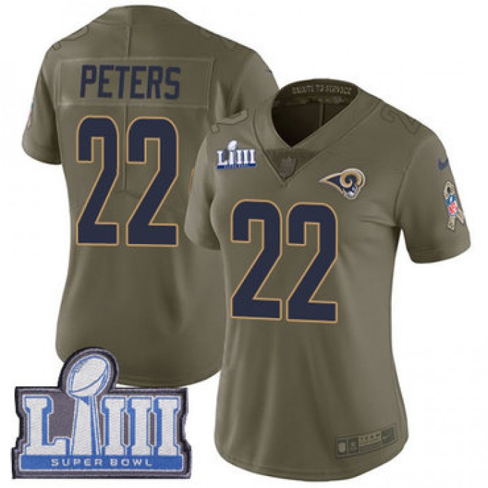 #22 Limited Marcus Peters Olive Nike NFL Women's Jersey Los Angeles Rams 2017 Salute to Service Super Bowl LIII Bound