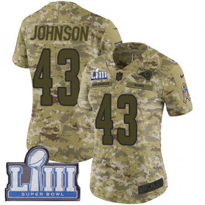#43 Limited John Johnson Camo Nike NFL Women's Jersey Los Angeles Rams 2018 Salute to Service Super Bowl LIII Bound