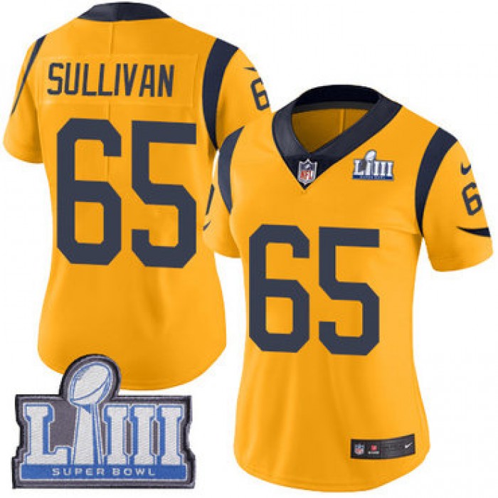 #65 Limited John Sullivan Gold Nike NFL Women's Jersey Los Angeles Rams Rush Vapor Untouchable Super Bowl LIII Bound