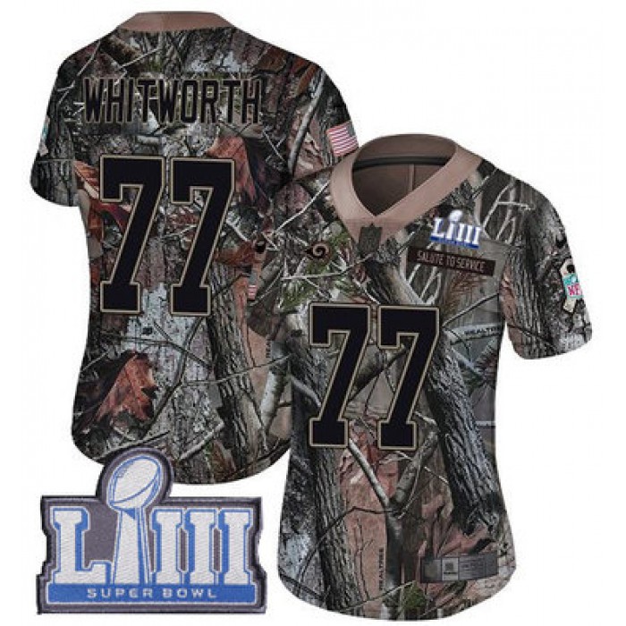 #77 Limited Andrew Whitworth Camo Nike NFL Women's Jersey Los Angeles Rams Rush Realtree Super Bowl LIII Bound