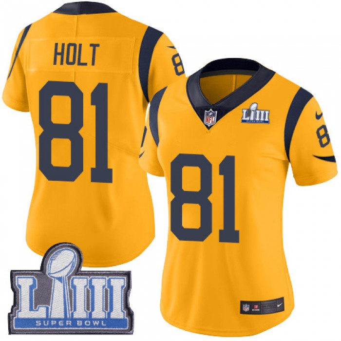 #81 Limited Torry Holt Gold Nike NFL Women's Jersey Los Angeles Rams Rush Vapor Untouchable Super Bowl LIII Bound