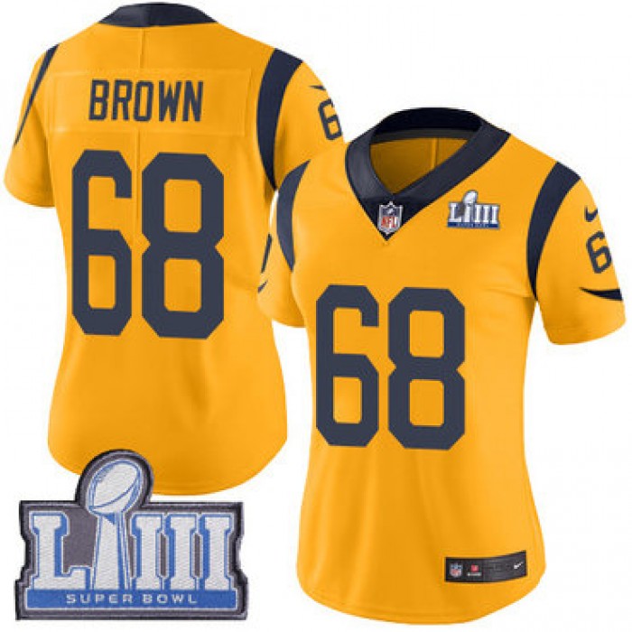 #68 Limited Jamon Brown Gold Nike NFL Women's Jersey Los Angeles Rams Rush Vapor Untouchable Super Bowl LIII Bound