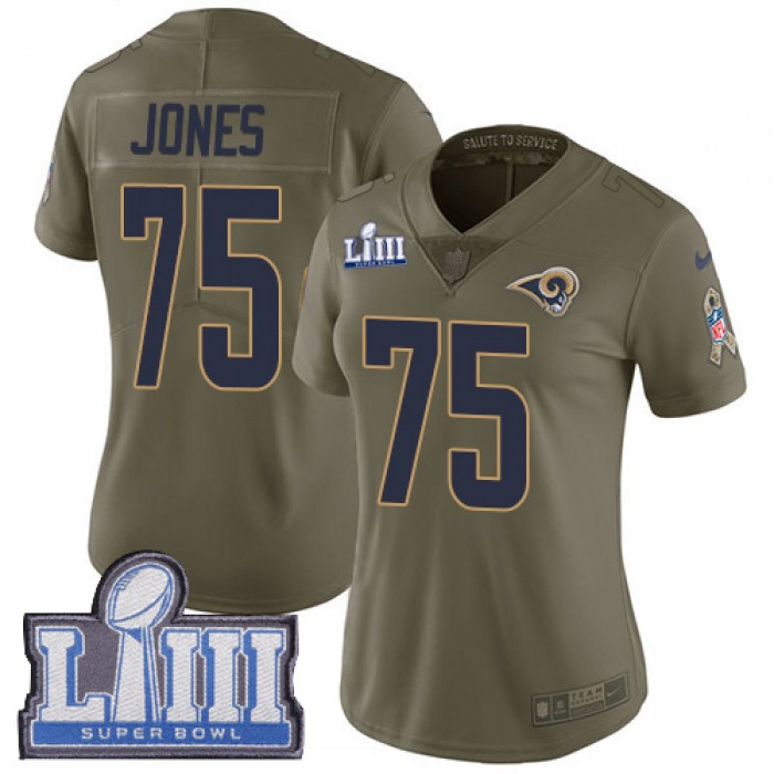 #75 Limited Deacon Jones Olive Nike NFL Women's Jersey Los Angeles Rams 2017 Salute to Service Super Bowl LIII Bound