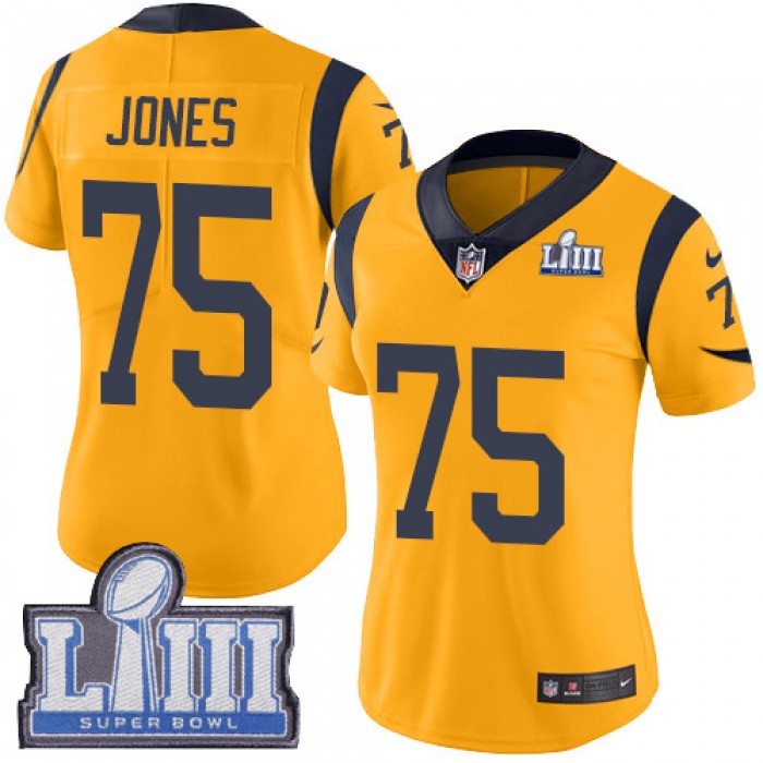 #75 Limited Deacon Jones Gold Nike NFL Women's Jersey Los Angeles Rams Rush Vapor Untouchable Super Bowl LIII Bound