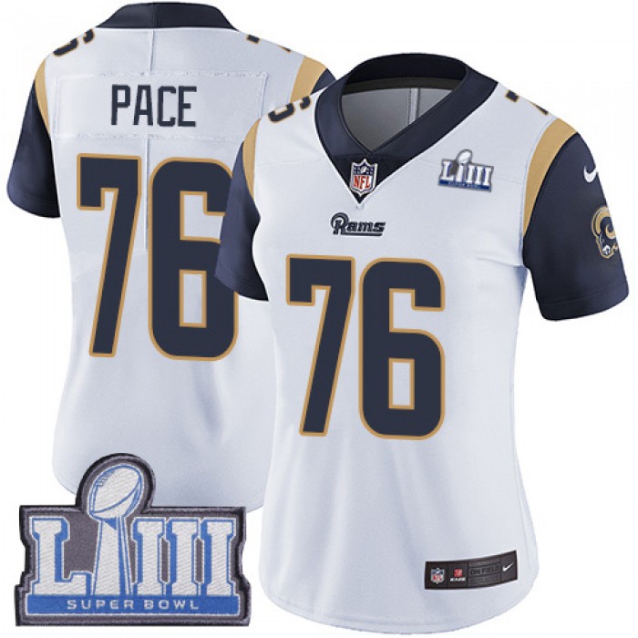 #76 Limited Orlando Pace White Nike NFL Road Women's Jersey Los Angeles Rams Vapor Untouchable Super Bowl LIII Bound