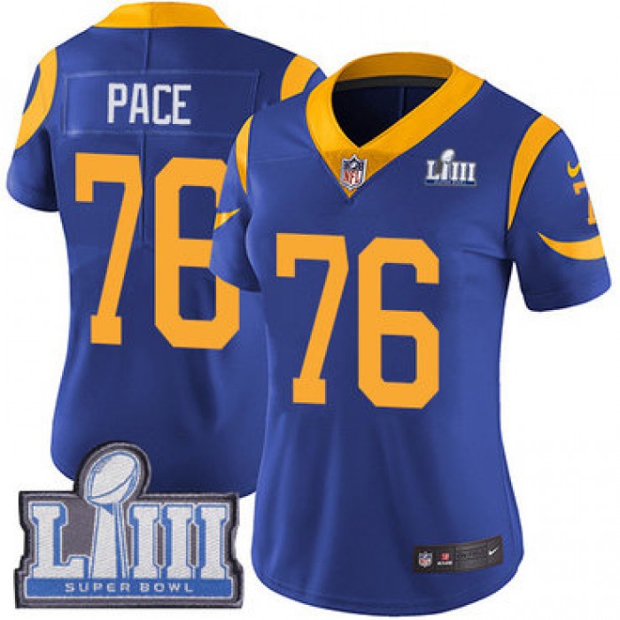 #76 Limited Orlando Pace Royal Blue Nike NFL Alternate Women's Jersey Los Angeles Rams Vapor Untouchable Super Bowl LIII Bound