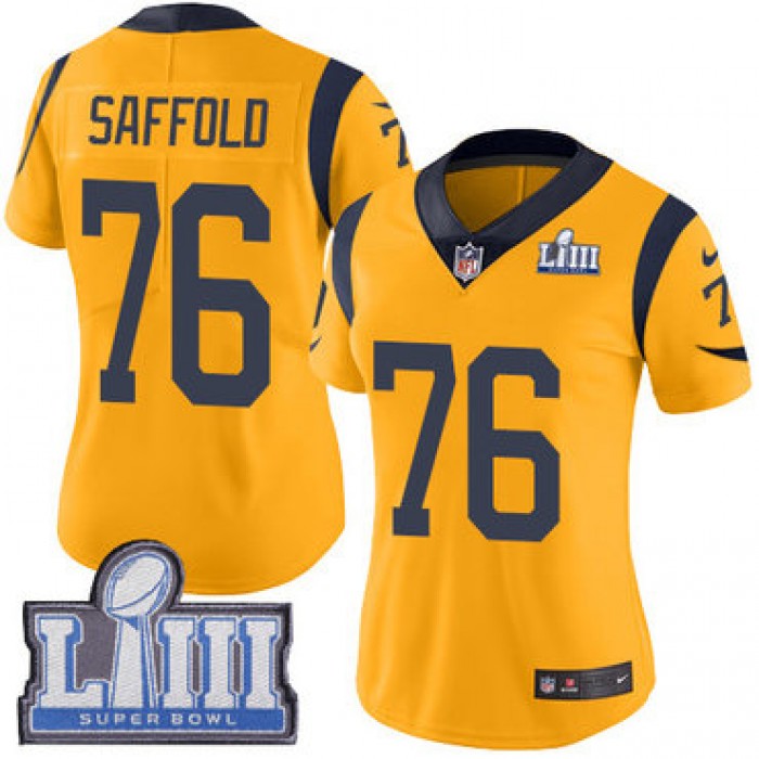 #76 Limited Rodger Saffold Gold Nike NFL Women's Jersey Los Angeles Rams Rush Vapor Untouchable Super Bowl LIII Bound