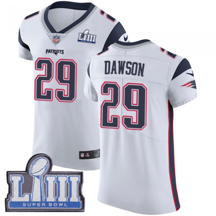 #29 Elite Duke Dawson White Nike NFL Road Men's Jersey New England Patriots Vapor Untouchable Super Bowl LIII Bound