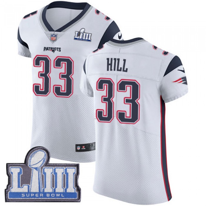 #33 Elite Jeremy Hill White Nike NFL Road Men's Jersey New England Patriots Vapor Untouchable Super Bowl LIII Bound