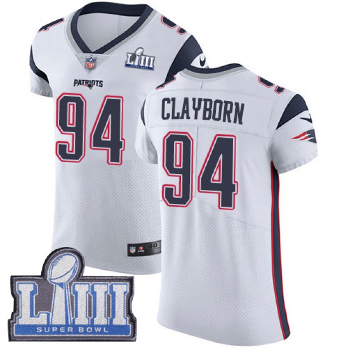 #94 Elite Adrian Clayborn White Nike NFL Road Men's Jersey New England Patriots Vapor Untouchable Super Bowl LIII Bound