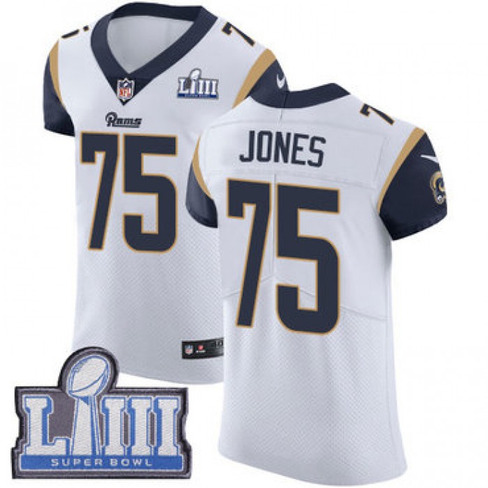 #75 Elite Deacon Jones White Nike NFL Road Men's Jersey Los Angeles Rams Vapor Untouchable Super Bowl LIII Bound