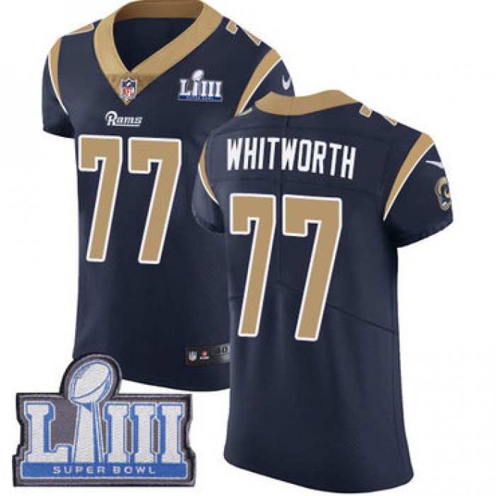 #77 Elite Andrew Whitworth Navy Blue Nike NFL Home Men's Jersey Los Angeles Rams Vapor Untouchable Super Bowl LIII Bound