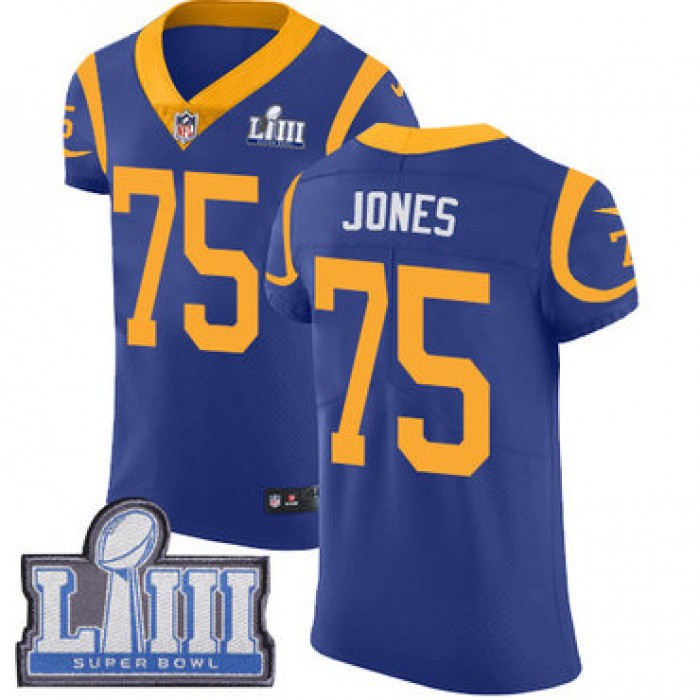 #75 Elite Deacon Jones Royal Blue Nike NFL Alternate Men's Jersey Los Angeles Rams Vapor Untouchable Super Bowl LIII Bound