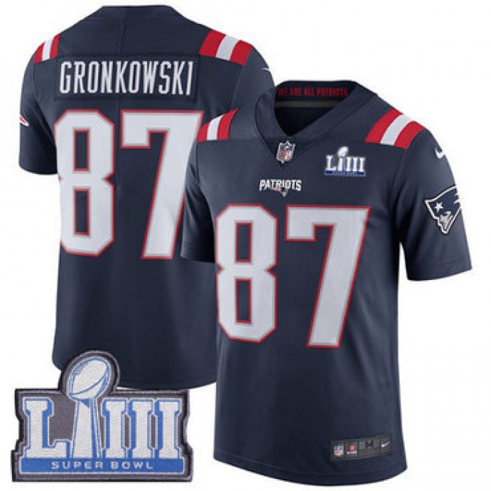 Men's New England Patriots #87 Rob Gronkowski Navy Blue Nike NFL Rush Vapor Untouchable Super Bowl LIII Bound Limited Jersey