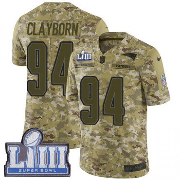 #94 Limited Adrian Clayborn Camo Nike NFL Men's Jersey New England Patriots 2018 Salute to Service Super Bowl LIII Bound