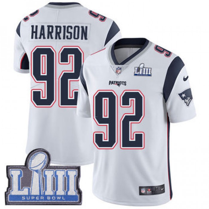 #92 Limited James Harrison White Nike NFL Road Men's Jersey New England Patriots Vapor Untouchable Super Bowl LIII Bound
