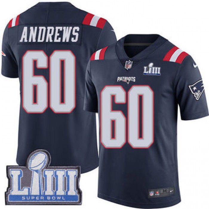 #60 Limited David Andrews Navy Blue Nike NFL Men's Jersey New England Patriots Rush Vapor Untouchable Super Bowl LIII Bound