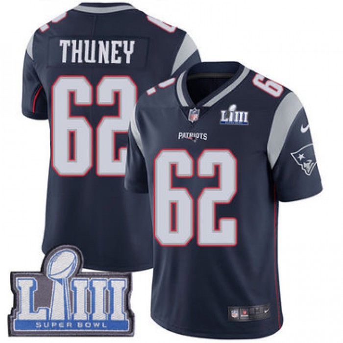 #62 Limited Joe Thuney Navy Blue Nike NFL Home Men's Jersey New England Patriots Vapor Untouchable Super Bowl LIII Bound