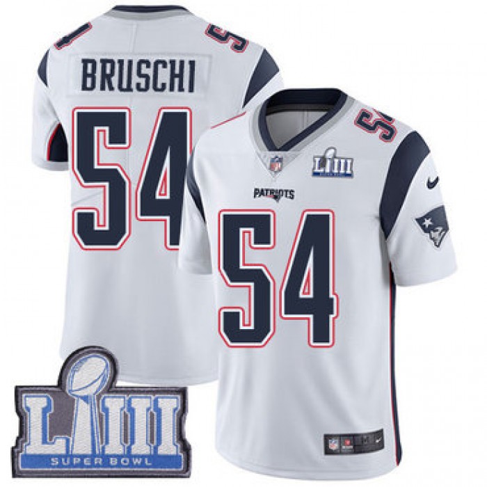 #54 Limited Tedy Bruschi White Nike NFL Road Men's Jersey New England Patriots Vapor Untouchable Super Bowl LIII Bound