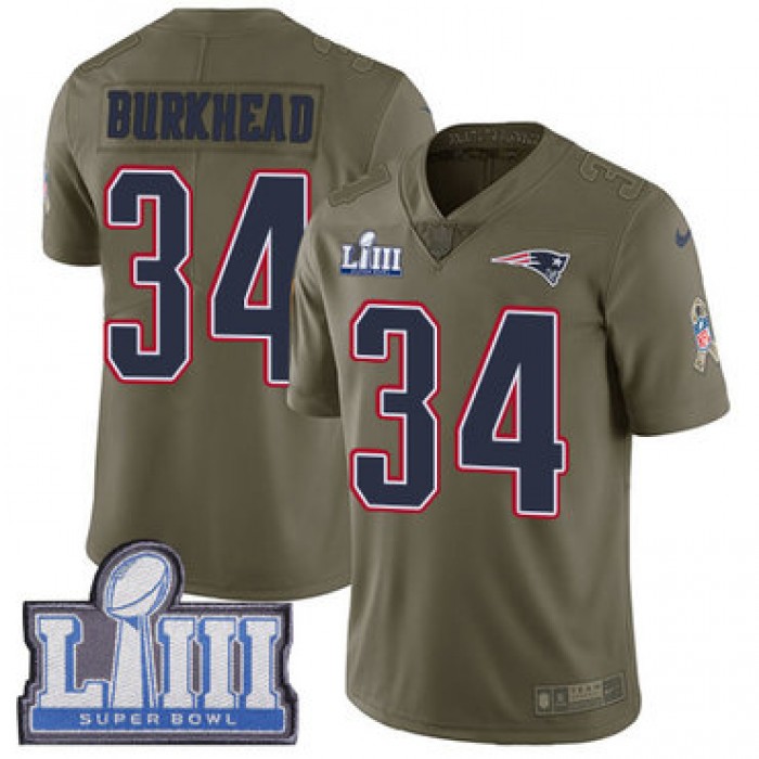 #34 Limited Rex Burkhead Olive Nike NFL Men's Jersey New England Patriots 2017 Salute to Service Super Bowl LIII Bound