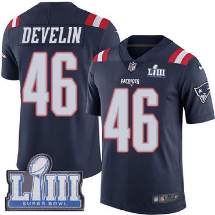 #46 Limited James Develin Navy Blue Nike NFL Men's Jersey New England Patriots Rush Vapor Untouchable Super Bowl LIII Bound