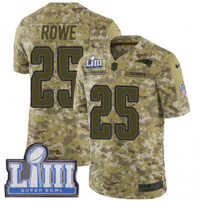 #25 Limited Eric Rowe Camo Nike NFL Men's Jersey New England Patriots 2018 Salute to Service Super Bowl LIII Bound