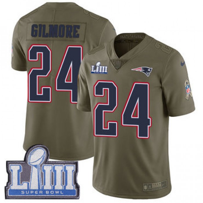 #24 Limited Stephon Gilmore Olive Nike NFL Men's Jersey New England Patriots 2017 Salute to Service Super Bowl LIII Bound
