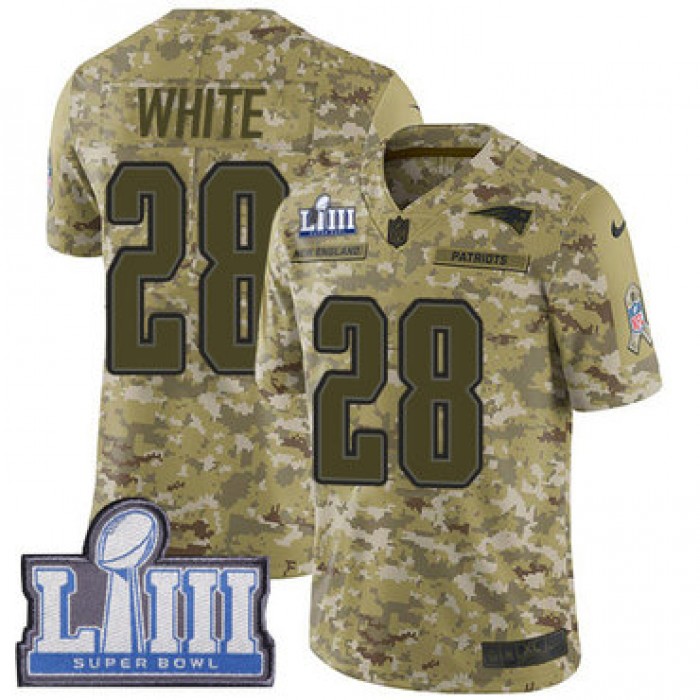 #28 Limited James White Camo Nike NFL Men's Jersey New England Patriots 2018 Salute to Service Super Bowl LIII Bound