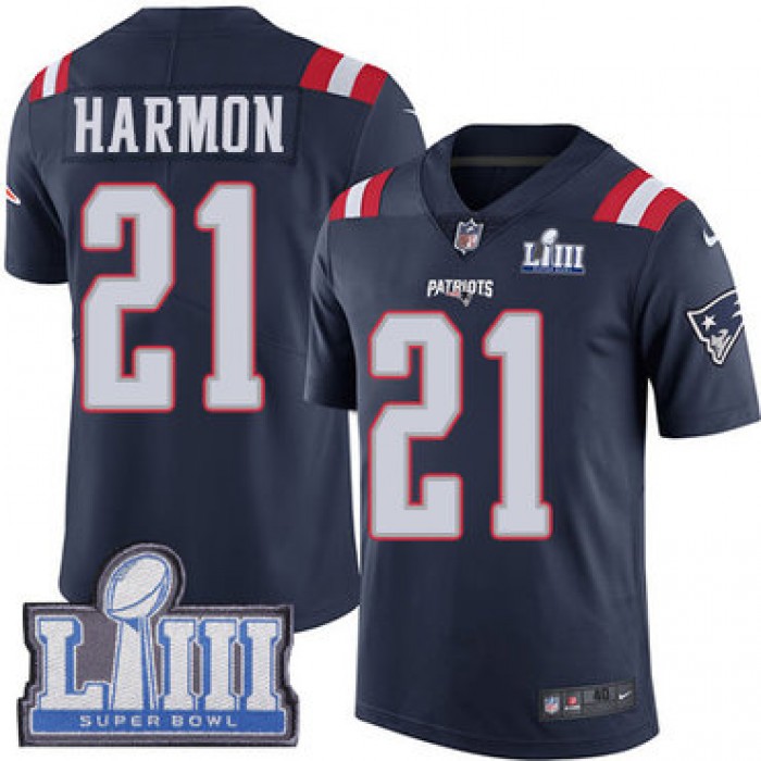 Men's New England Patriots #21 Duron Harmon Navy Blue Nike NFL Rush Vapor Untouchable Super Bowl LIII Bound Limited Jersey