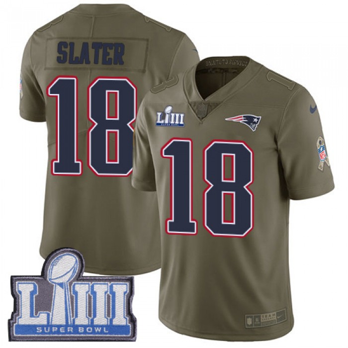 #18 Limited Matthew Slater Olive Nike NFL Men's Jersey New England Patriots 2017 Salute to Service Super Bowl LIII Bound