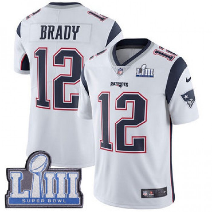 #12 Limited Tom Brady White Nike NFL Road Men's Jersey New England Patriots Vapor Untouchable Super Bowl LIII Bound