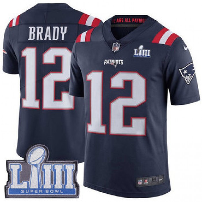 Men's New England Patriots #12 Tom Brady Navy Blue Nike NFL Rush Vapor Untouchable Super Bowl LIII Bound Limited Jersey