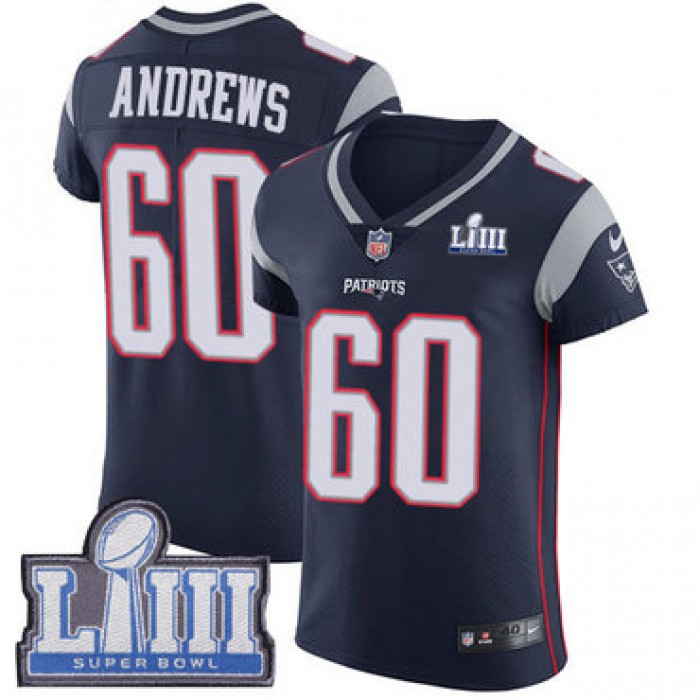 #60 Elite David Andrews Navy Blue Nike NFL Home Men's Jersey New England Patriots Vapor Untouchable Super Bowl LIII Bound