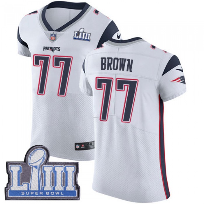 #77 Elite Trent Brown White Nike NFL Road Men's Jersey New England Patriots Vapor Untouchable Super Bowl LIII Bound