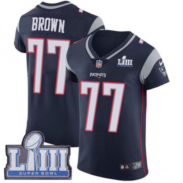 #77 Elite Trent Brown Navy Blue Nike NFL Home Men's Jersey New England Patriots Vapor Untouchable Super Bowl LIII Bound