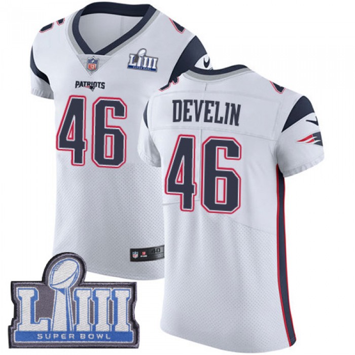 #46 Elite James Develin White Nike NFL Road Men's Jersey New England Patriots Vapor Untouchable Super Bowl LIII Bound