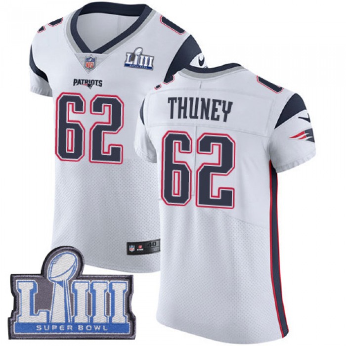 #62 Elite Joe Thuney White Nike NFL Road Men's Jersey New England Patriots Vapor Untouchable Super Bowl LIII Bound