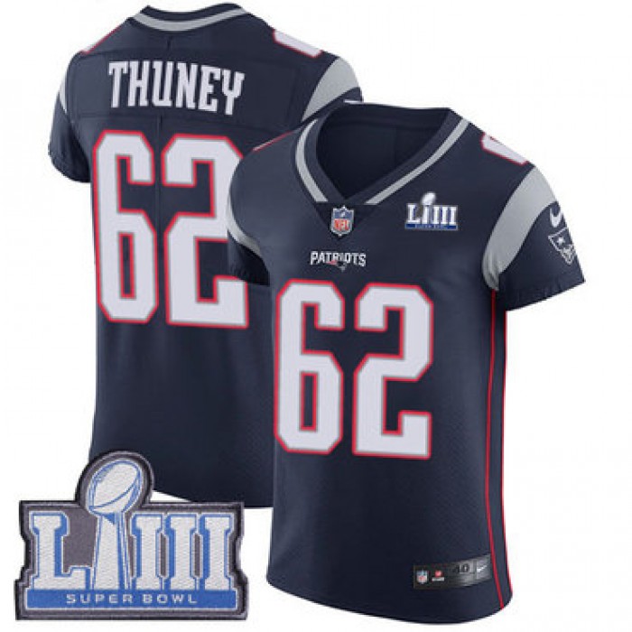 #62 Elite Joe Thuney Navy Blue Nike NFL Home Men's Jersey New England Patriots Vapor Untouchable Super Bowl LIII Bound
