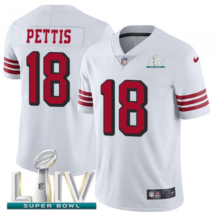 Nike 49ers #18 Dante Pettis White Super Bowl LIV 2020 Rush Men's Stitched NFL Vapor Untouchable Limited Jersey